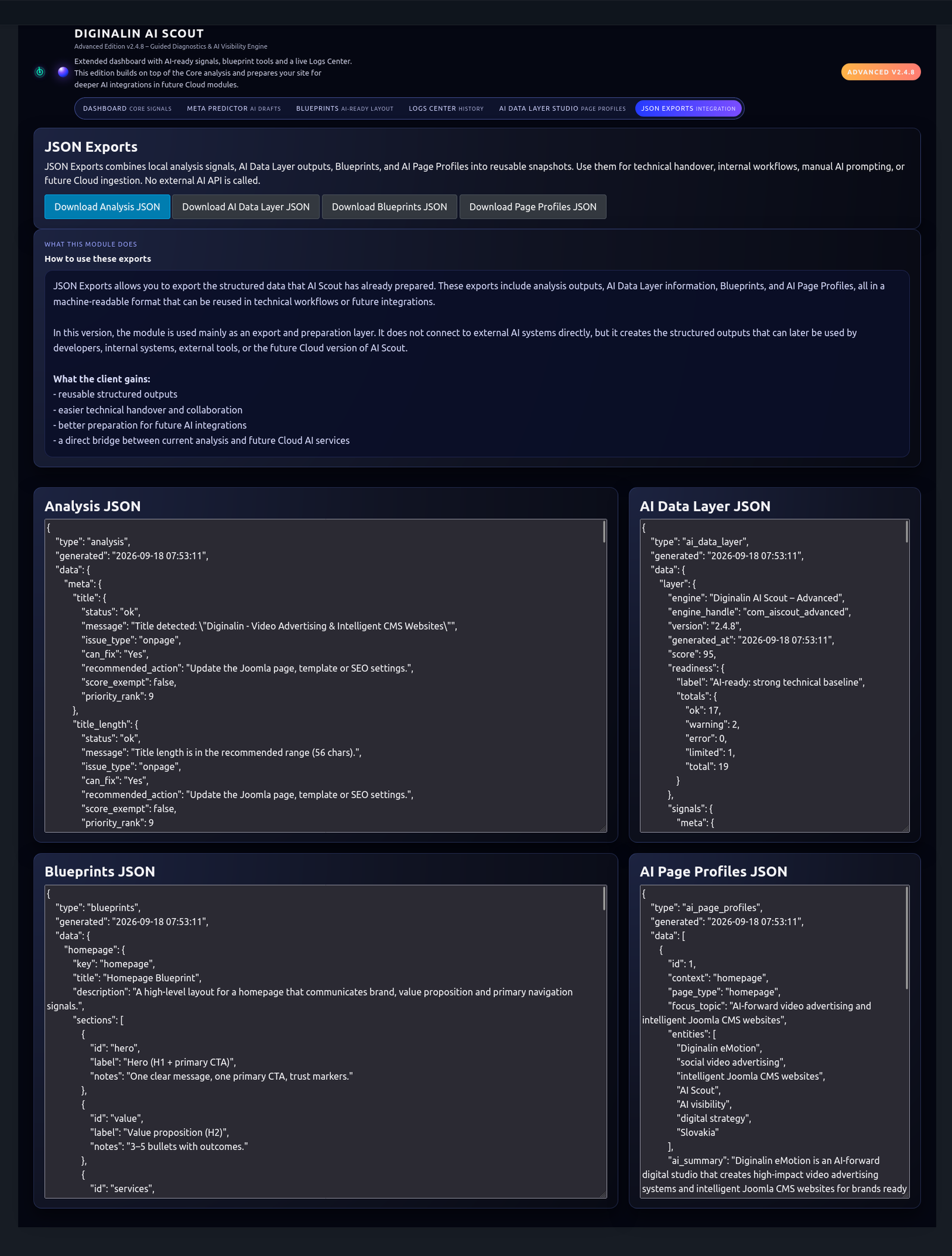 JSON exporty AI Scout pre analýzu, AI Data Layer, Blueprints a Page Profiles
