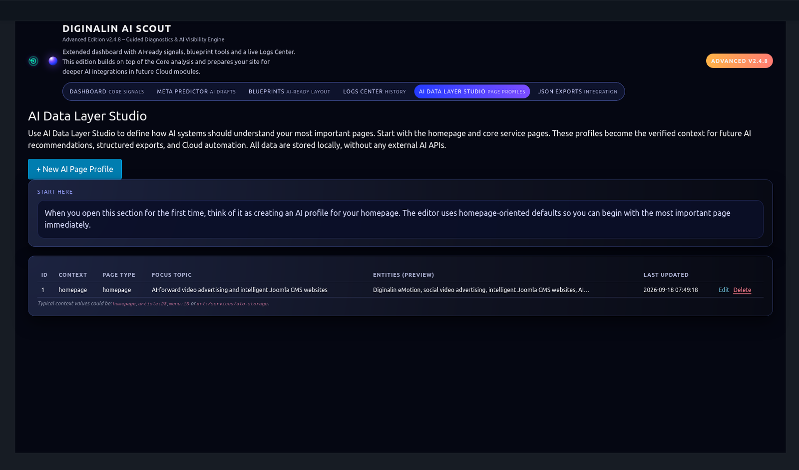 AI Data Layer Studio s overeným AI Page Profile hlavnej stránky Diginalin